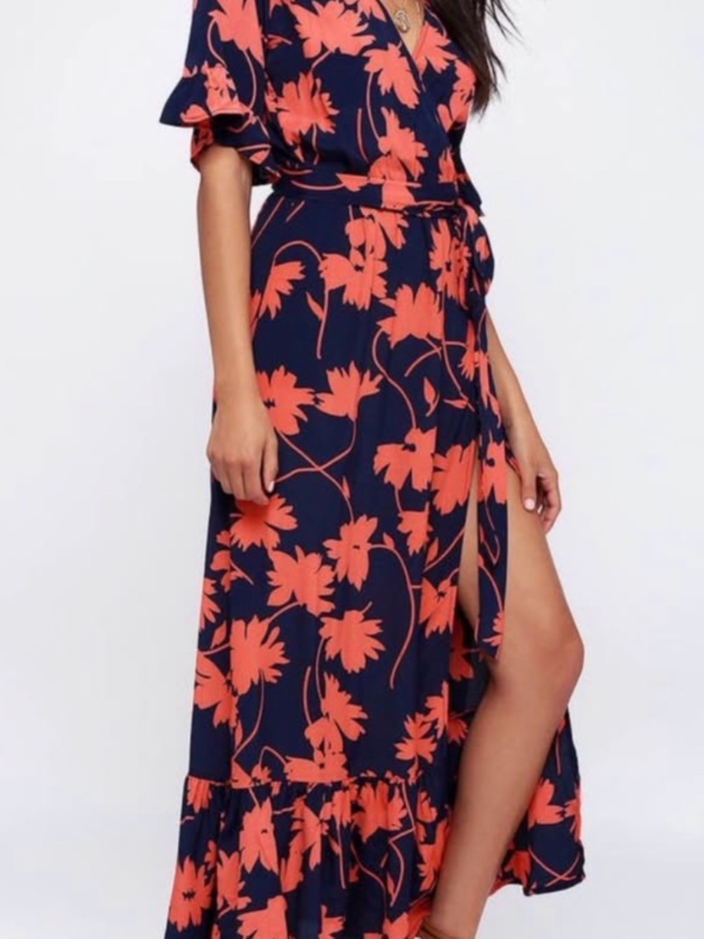Lucy Love Navy and Coral Floral Wrap Maxi